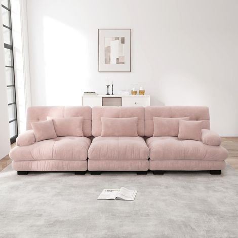 Canapé d’angle modulable 3 places, assise profonde, tissu chenille, convertible confortable, rose (1/5)