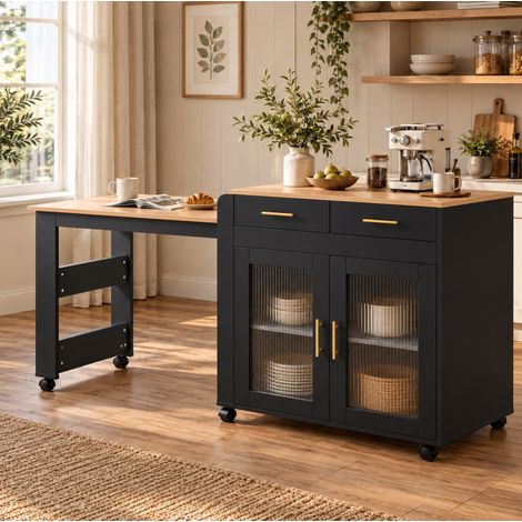 MODFU – Isola cucina allungabile 116-177 cm in truciolato con prese USB, vani contenitore, ruote e carico 60 kg – Nero (1/5)