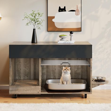 Meuble à litière mobile pour chat (meuble toilettes pour chat) – avec gamelles pour nourriture, bac à sable, panneau perforé avec crochets, sans bac à litière, 100×45,5×67 cm (couleur gris-brun antiqu