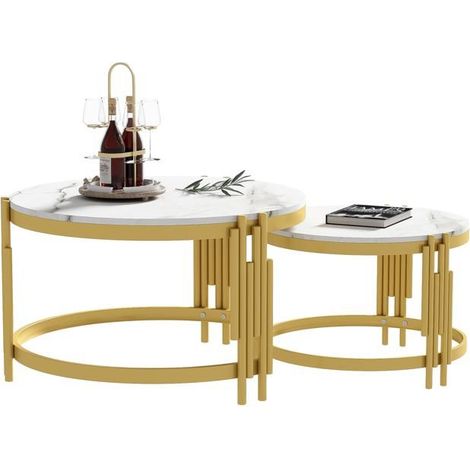 Table basse salon, plateau effet marbre table basse ronde, structure métal doré, design modulable, entretien facile (1/5)