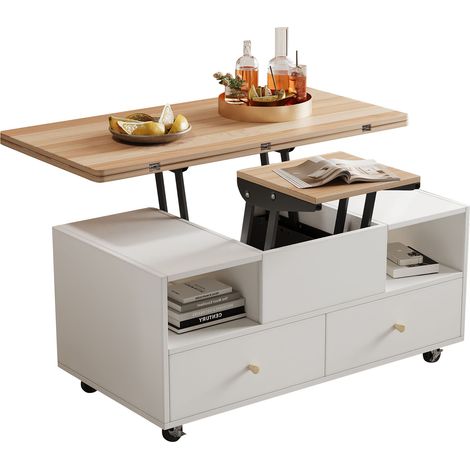 Table basse relevable 100x50x47,5 cm avec 4 tiroirs, roulettes, table hydraulique mobile (1/5)