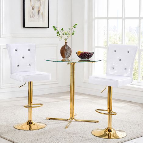 Juego de 2 taburetes de bar giratorios blancos de PVC, respaldo capitoné con botones de cristal (1/5)