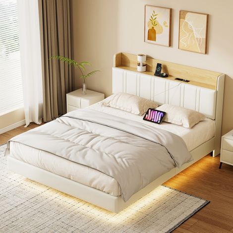 Letto 140x190 cm con testiera imbottita, spazio di archiviazione, LED regolabili, porta USB, base a doghe, letto galleggiante imbottito in PU - Bianco