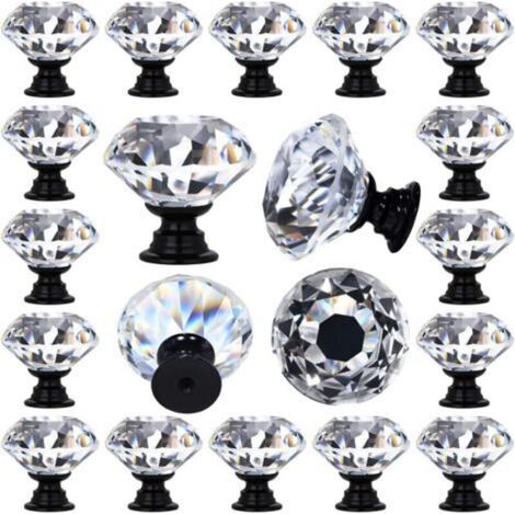 Set of 12 Clear Crystal Glass Drawer Knobs Diamond Shape Decorative for Kitchen, Dresser, 30 mm (1-1/4"), Black Color Base (1/5)