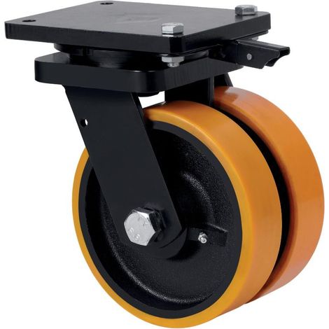 rueda giratora placa mec.dir.10hlgmd250-hub hierro-poliur.naranja(doble)bolas (1/2)
