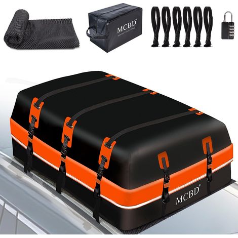 Car Roof Box, 849L Large Waterproof Roof Bag with 2 Ratchet Straps, 10 Reinforced Straps 6 Door Hooks for SUV Van with/without Roof Bars, Orange (1/5)