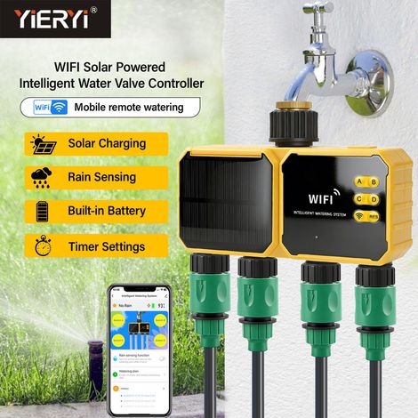 Programmateur d’arrosage solaire WiFi intelligent – Contrôle indépendant 4 zones, système d’irrigation automatique, capteur de pluie IPX6, vanne de jardin (1/5)