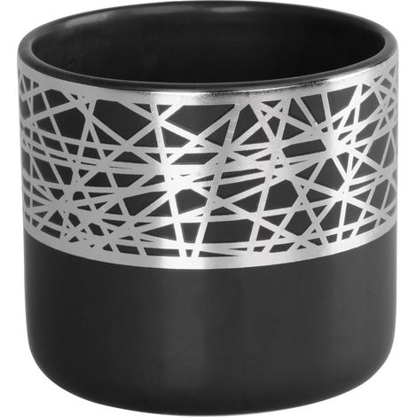 Dekoration MagicHome, Blumentopf mit silbernem Ornament, schwarz, Dolomit, 16,8x16,8x14,7 cm