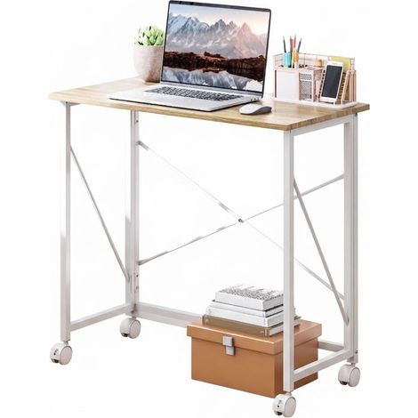 ELVMI Escritorio Plegable con 4 Ruedas, 2 con Freno, Tablero MDF, para Oficina, 80 x 40 x 75 cm, Madera Natural (1/5)