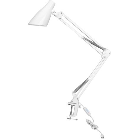Lampe de bureau à bras articulé avec pince, 3 ports USB, éclairage de 10 niveaux de luminosité, lampe de lecture confortable pour la maison et le bureau (blanche). (1/5)