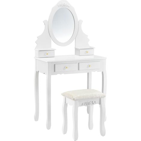 Tocador mesa de maquillaje espejo 4 cajones taburete MDF y madera 141 cm blanco 030001499