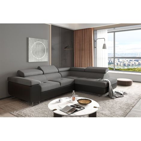 Ecksofa Sofa JADE Stoff Soft / Sawana Schwarz-Grau mit Schlaffunktion Ottomane Rechts (1/2)