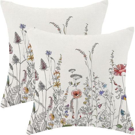 Juego de 2 fundas de cojín decorativas coloridas con temática primaveral, de estilo rústico, para uso exterior, aptas para sofás o camas, con estampado de flores silvestres negras, 50 x 50 cm. (1/5)