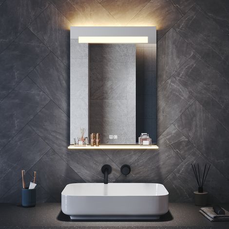 SIRHONA Miroir lumineux de salle de bain - Miroir intelligent antibuée à double éclairage, avec 3 températures de couleur et une étagère, 50 x 70 cm (1/5)