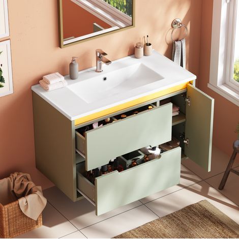 Mueble de lavabo suspendido 81x47x51 cm de MDF verde con lavabo cerámico y LED - CHICFURN (1/5)