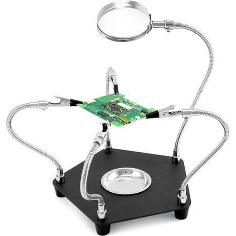 Stazione di saldatura a tre bracci con lente d'ingrandimento 3X e 4 bracci flessibili per elettronica e gioielleria.