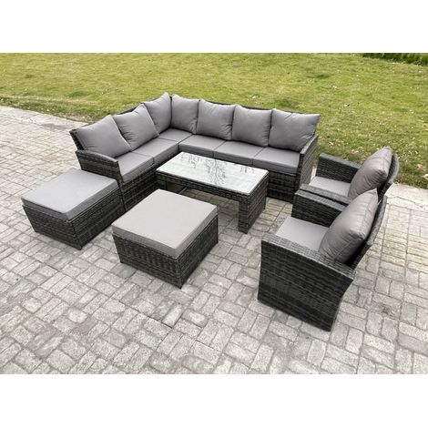Fimous Rattan Garden Furniture Sets High Back Corner Sofa Oblong Coffee Table Set with 2 Big Footstool 2 Armchairs Dark Grey Mixed