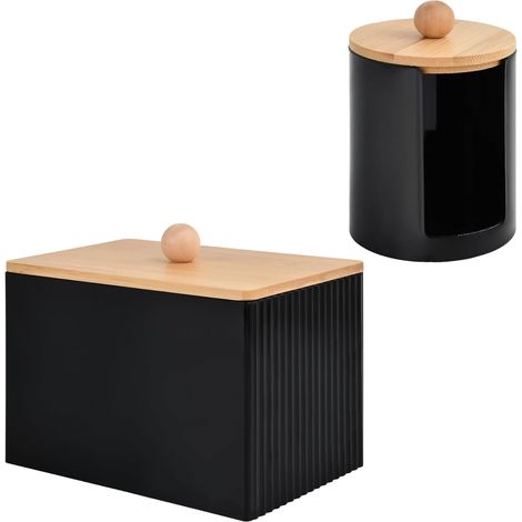 2 Pièces Boite Coton Tige, Boite à Coton avec Couvercles en Bambou, Distributeur Rangement Noir Tige Bois pour Salle Bain Coiffeuse Salon (noir) (1/5)