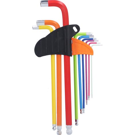 Lot de 9 clés hexagonales couleurs variées, acier chromé vanadium, embout sphérique long bras, outils 1,5-10mm (1/5)