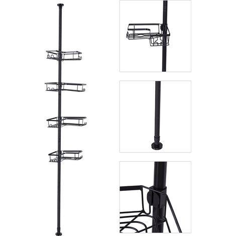 Panier de douche d'angle avec barre de tension, étagères réglables du sol au plafond, en acier inoxydable, avec 4 paniers, pour salle de bain en forme de L, noir. (1/5)
