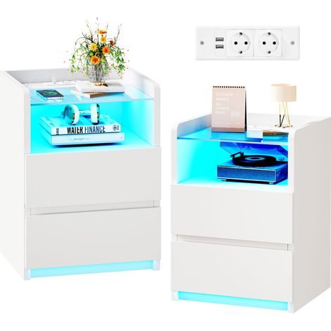 Tables de chevet, lot de 2 ,  LED réglable, prise de courant et port USB,Tiroirs et compartiment Ouvert,Blanc