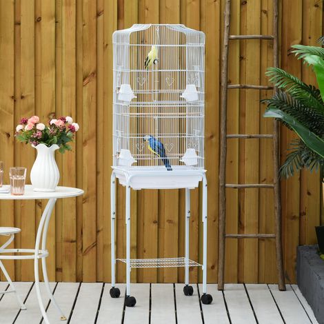 Cage à oiseaux - 46,5x36x157cm - perchoirs et bols - volière en métal et acier avec roues - blanc