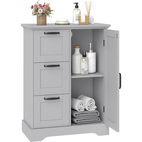 COSTWAY 60cm Floor Cabinet Grey MDF Panels Anti-tip Kit Barn Door 3 Drawers Grey (1/5)