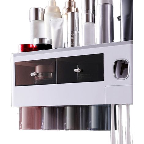 Porte-brosse à dents mural multifonction à fixation magnétique avec tiroir et distributeur de dentifrice à 4 compartiments, gris translucide (38,4 x 11,3 x 20 cm / 15,1 x 4,4 x 7,9 po) (1/5)