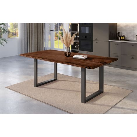 Esstisch Baumkante massiv Akazie nussbaum 200 x 100 U-Gestell schwarz NICK (1/5)