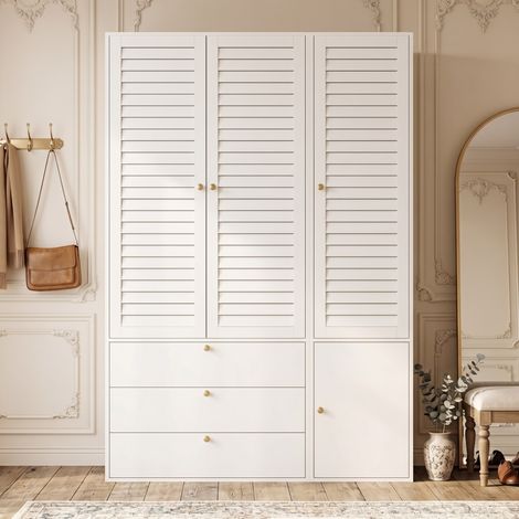 Armario blanco de 3 puertas con lamas 135x50x200 cm, 3 cajones y 2 barras OKWISH (1/5)