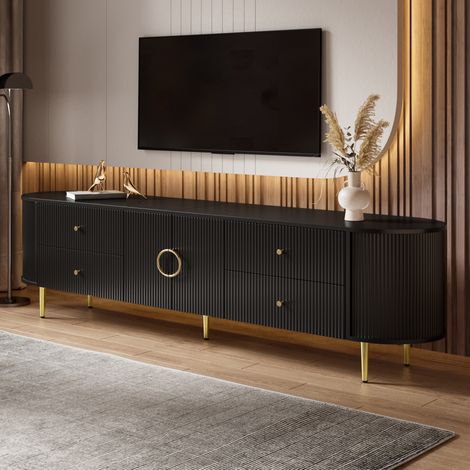 Meuble TV 180x40x38 cm avec tiroirs, double porte, passe-câbles, structure MDF et pieds en fer - noir (1/5)
