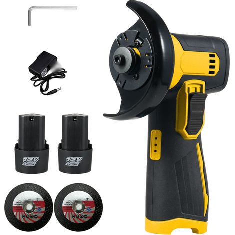 Amoladora angular inalámbrica de 12 V, disco de amolar de 75 mm, 2 baterías de iones de litio de 1300 mAh y cargador, botones con diseño ergonómico.