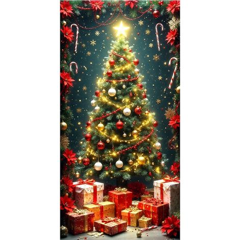 Couverture de Porte de noël 90180cm, décorations Porte d'arbre noël avec œillets, élastique Lavable pour fête à la Maison (1/5)