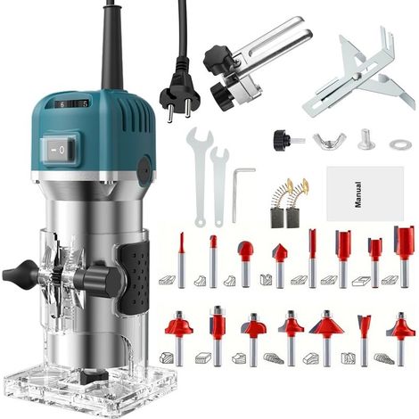 Bois Défonceuse Affleureuse Électrique 800W, Routeur à Bois Électrique 28000r/min avec 15pcs 1/4" Pinces Bits Affleureuse à Bois Électrique Verticale (1/5)