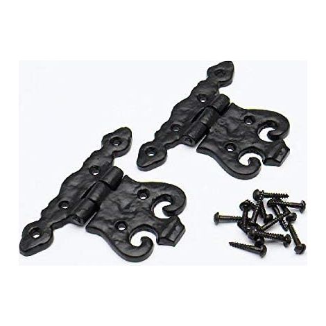 Lot de 2 charnières décoratives antiques en acier noir + vis 84 x 110 mm