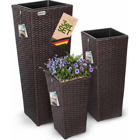 CASARIA® Set de 3 Macetas para Plantas Flores Macetero de Poliratán para Jardín Balcón Terraza Interior Exterior Marrón