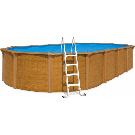 Trigano – Piscine hors sol acier ovale 9,15 x 4,55 x 1,32 m – Aspect bois – Paroi en acier ondulé galvanisé – Système de filtration Aqualoon®