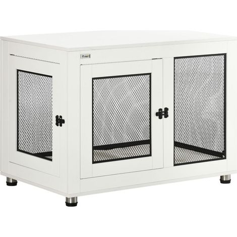 Jaula Para Perros Con Tablero, Casa Para Perros, Casa Para Perros Con Cojín, Caja Interior Para Perros Con 2 Puertas, Mesa Auxiliar, Blanco + Negro, 94 X 60 X 71,5 Cm