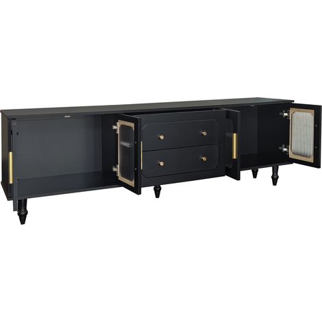 Mueble TV retro negro 175 x 38 x 55,5 cm con puertas de vidrio acanalado y tiradores dorados (1/5)