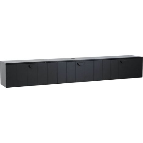 Oviala – Meuble TV suspendu 200 cm noir – MDF mélaminé – 3 orifices pour câbles – Fixation murale robuste – Style moderne et épuré