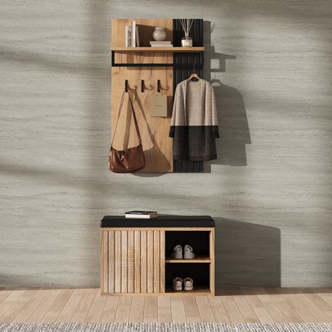 Mobile ingresso con scarpiera 70x36x146 cm, panca imbottita, 3 ganci, ripiano, truciolare, nero e naturale (1/5)