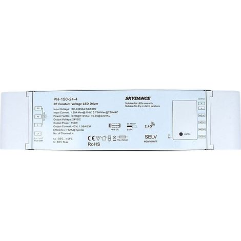 Alimentatore Dimmerabile CV 24V 150W 4 Canali Con Pulsante N.O. e Telecomando RF 2.4G Per Striscia Led PH-150-24-4