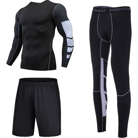 Ensemble de sport à séchage rapide pour homme, t-shirt d'été à manches courtes, vêtements d'entraînement, équipement de course, collants, tenue de basketball trois pièces (1/5)