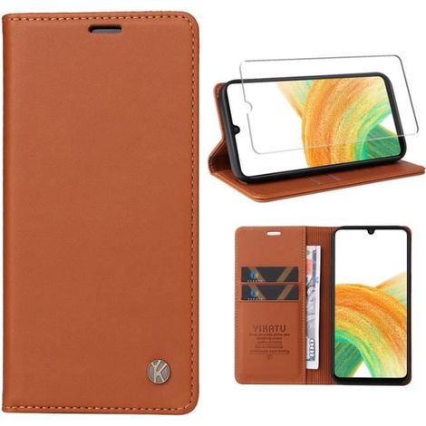 Verre trempé+Etui iPhone 13 6,1\" - NOBRAND - Marron - Souple - Cuir - Aimantée (1/4)