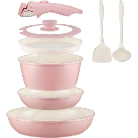 8-teiliges Keramik Topfset mit abnehmbarem Griff, Induktion, Rosa