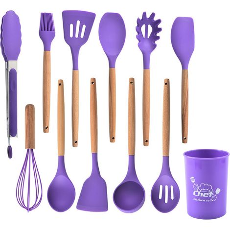 Ustensiles De Cuisine En Silicone - Résistant Jusqu'à 230 °C - Pour Casseroles Et Poêles Antiadhésives - Lot De 12 Pièces Avec Pot De Rangement (1/5)