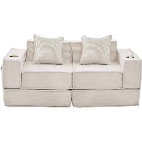 ELVMI Poltrona pouf 2 posti con tasche laterali e cuscini, in velluto a coste, Beige (1/5)
