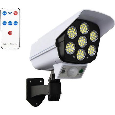 Lampe solaire d'extérieur à 77 LED avec détecteur de mouvement PIR et caméra de simulation, applique murale solaire étanche pour la décoration de jardin. (1/5)