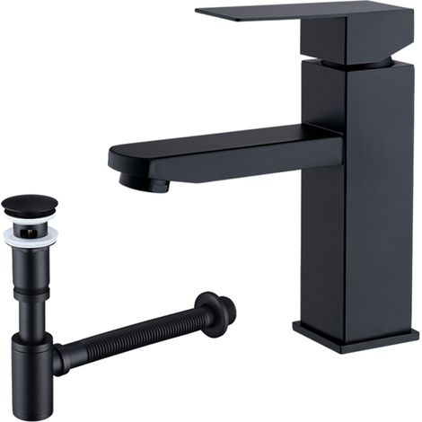 Ubeegol – Robinet de lavabo noir mat avec siphon et bonde universelle – Acier inoxydable 304 – Installation facile – Économie d'eau jusqu'à 30% (1/5)