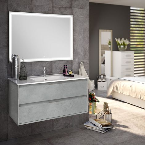 Meuble de salle de bain simple vasque - 2 tiroirs - ciment (gris) - IRIS et miroir Led VELDI - 80cm (1/5)